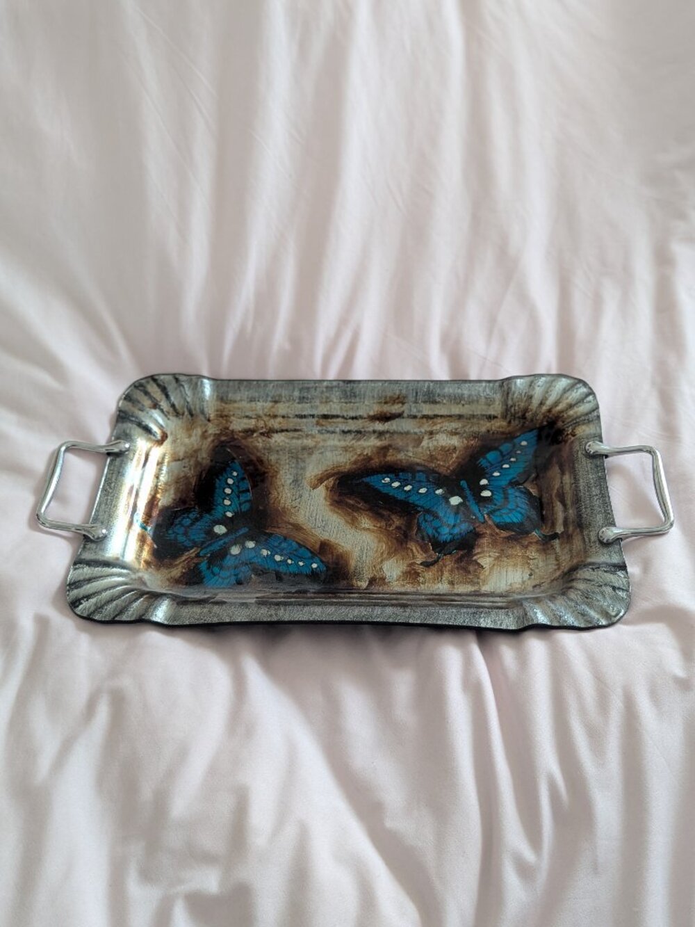 Art Glass Italian Design Silver Blue Butterfly Metal Serving Tray